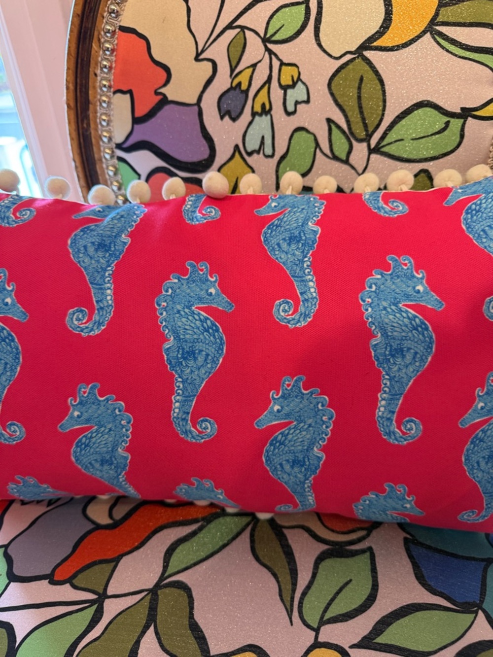 Lilly Pulitzer Pink Pillow with Blue Seahorse Motif and pompon fringe - Picture 3 of 7